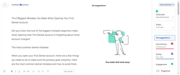 Demat account - tycoonstory | tycoonstory media A split-view digital interface showing an educational blog post about common beginner errors in trading on the left, and a "great job! " progress indicator on the right. This depicts the learning curve and successful milestones achieved during the early stages of using a first demat account.