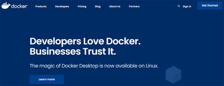 Docker Docker homepage highlighting os-level virtualization for developers and businesses.