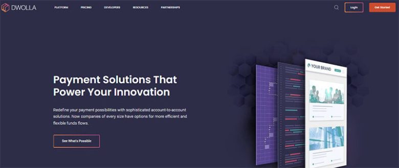 Dwolla Dwolla homepage; solutions for businesses in paying anyone anywhere with account to account transfers and be able to pay or get paid in any way anybody wants