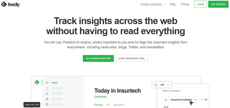Feedly Feedly homepage with ai-powered news feed organization tool to track insights across the web.