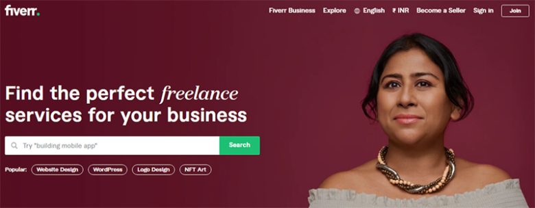 Fiverr platform for finding freelance services for business needs, with search options for website design, logo design, and more Fiverr affiliate programs