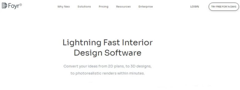 Foyr neo Fory homepage represents home interior design software as a sketchup alternatives for converting 2d plans to 3d.
