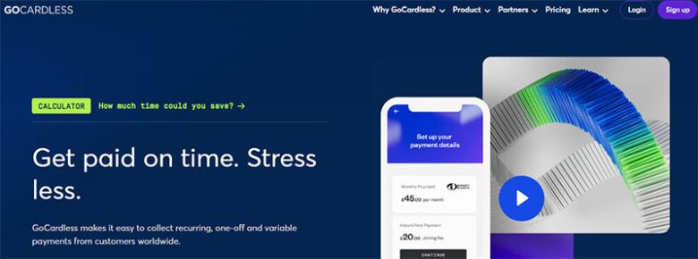 Gocardless Gocardless homepage, offering recurring and one-off direct bank account payments for customers hassle-free via gocardless online payment processing