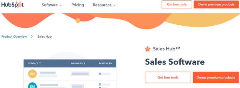 Sales engagement platforms Hubspot sales hub page showing its sales software to engage and manage customer relationships.
