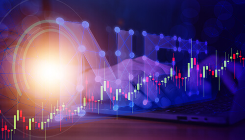 Nfts progress Data analysis and financial chart representing the digital and technological nfts progress, showcasing a market trend with rising values and blockchain technology.