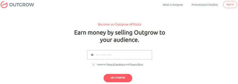 Outgrow affiliate program page encouraging users to earn money by promoting outgrow to their audience Outgrow affiliate program graphic design tools