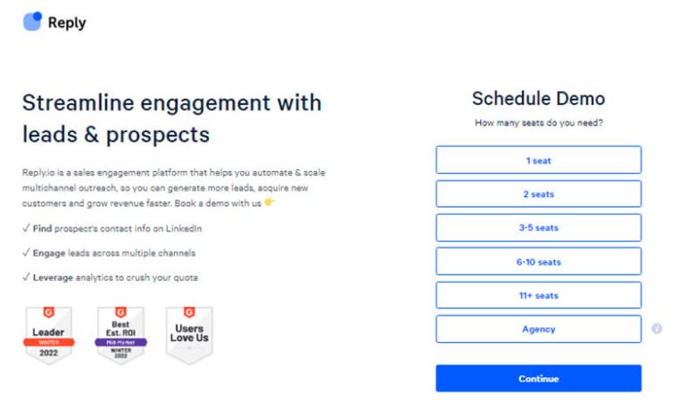 Sales engagement platforms The homepage of reply. Io has demo scheduling options and a focus on automating sales engagement platforms.