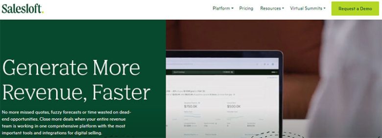 Sales engagement platforms Salesloft homepage with'Generate More Revenue, Faster' on it, and a laptop open showing sales information.