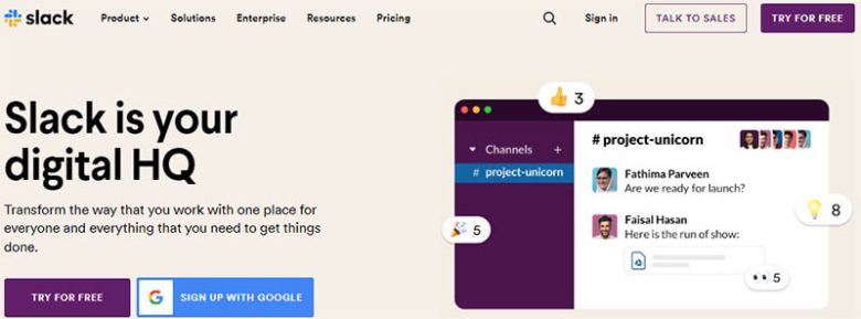 Slack homepage, touting its platform as a digital HQ for team collaboration and project management.