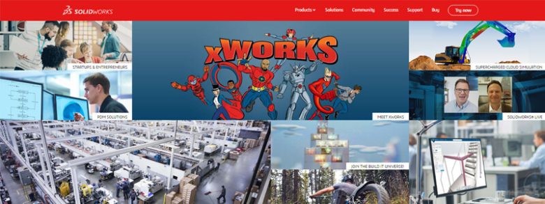 Solidworks The solidworks homepage with highlights of different solutions and applications, including xworks, cloud simulation, and manufacturing environments.