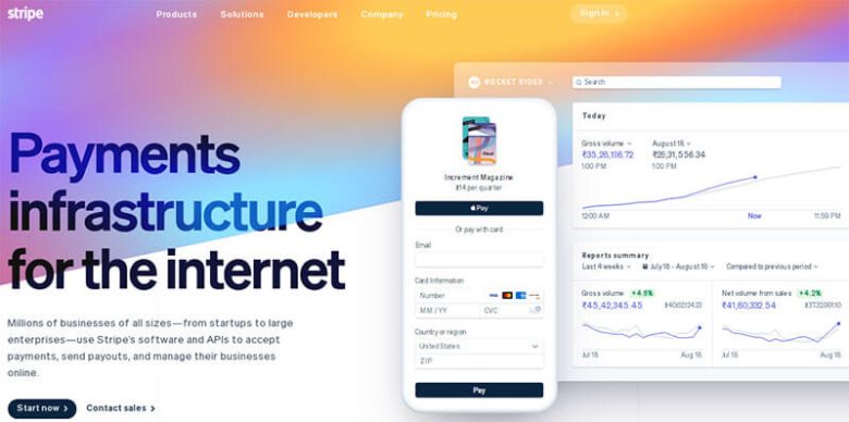 Stripe Stripe homepage for an online business payment infrastructure with global reach and an api for receiving payments
