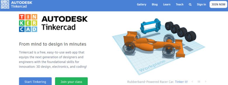 Tinkercad Home page of tinkercad which has 3d model rubberband powered racer car with options to start tinkering or join a class.
