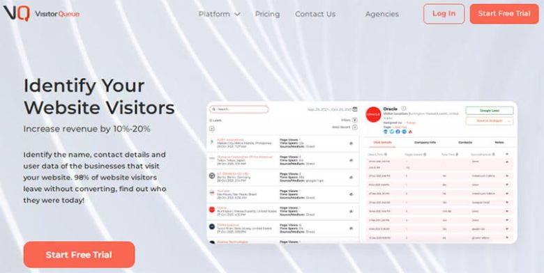 The visitor queue home page allows one to identify website visitors and uncover more revenue with lead generation.