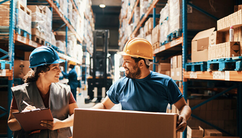 Warehouse workers organizing inventory with the assistance of software for inventory management, ensuring efficient stock handling and tracking. software for inventory management