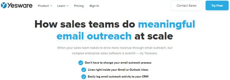 Sales engagement platforms Yesware homepage promoting email outreach software for sales teams to drive meaningful engagement at scale.