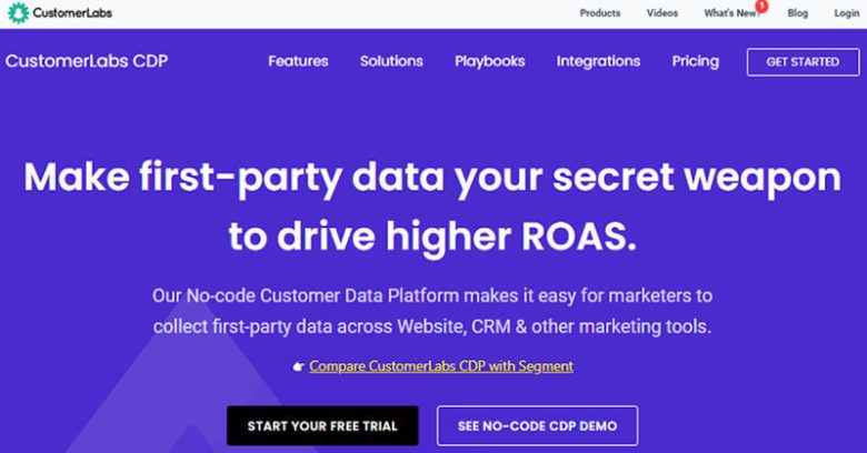 CustomerLab CDP page promoting the no-code Customer Data Platform that helps drive ROAS by democratizing first-party data