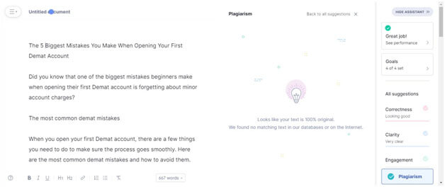 Demat mistakes - tycoonstory | tycoonstory media A screenshot of an online writing and editing assistant displaying an article titled "the 5 biggest mistakes you make when opening your first demat account. " the interface shows a plagiarism check result confirming the content is original, representing the importance of finding reliable, unique guidance for a first demat account.