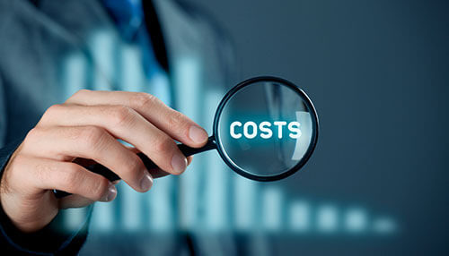 Packaging costs Business professional using a magnifying glass to examine the word costs on a digital chart, representing cost analysis, control, and reduction of costs.