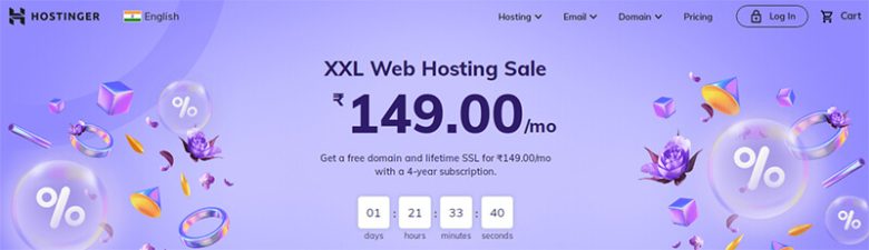 Hostinger xxl web hosting sale offering hosting at ₹149 per month with free domain and lifetime ssl for a 4-year subscription Hostinger affiliate programs