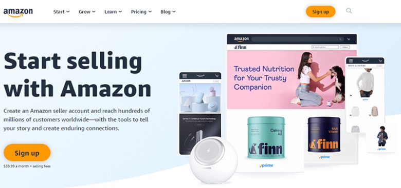Amazon Amazon ecommerce website design promoting their seller platform for businesses to reach global customers with the tools to create lasting connections