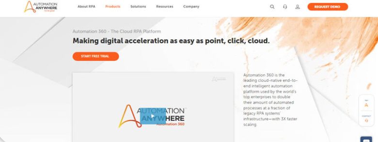 Automation anywhere An automation anywhere website banner introducing its cloud-based rpa platform, emphasizing digital acceleration and ease of use in automating processes.