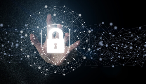 Hand reaching towards a digital security lock icon, representing cybersecurity and protection of digital networks Small business challenges & solutions cybersecurity