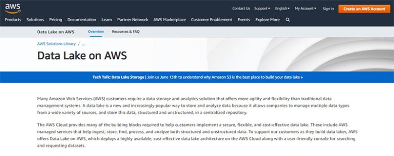 Data analytics and lakes on aws - tycoonstory | tycoonstory media Aws data lake page highlighting data storage and analytics solutions for structured and unstructured data.