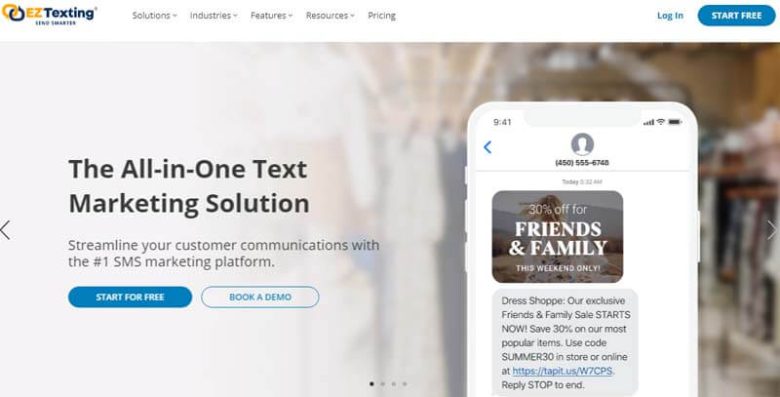 Ez texting Ez texting website showcasing their text message marketing services platform, highlighting its sms marketing solutions and user-friendly interface.