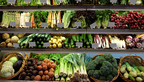 Image of a colorful display of fresh vegetables in a grocery store, featuring a variety of produce like broccoli, carrots, and zucchini arranged on shelves | tycoonstory media Organic grocery wholesaler food business ideas