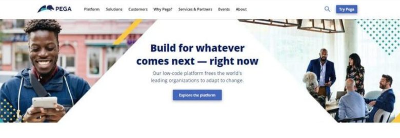 Pega A pega platform webpage featuring a professional image with diverse teams, promoting robotic process automation for enhanced business adaptability and change management.