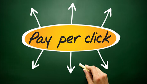 A chalkboard with the text "pay per click" highlighted in an orange oval, surrounded by directional arrows indicating various strategies or aspects related to ppc advertising. Use ppc for your perfect online business