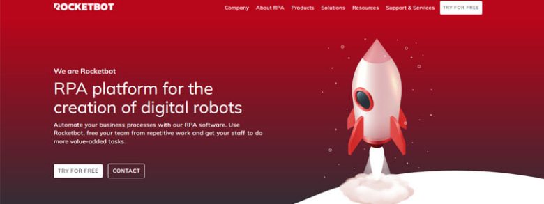 Rocketbot Rocketbot’s rpa platform website, offering automation solutions to eliminate repetitive tasks and enhance business efficiency with a futuristic rocket animation.