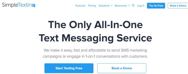 Simpletexting Simpletexting homepage promoting their all-in-one text message marketing services, highlighting easy and affordable sms campaign management.