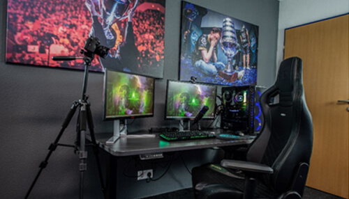 Squad dynamics Battle royale games setup featuring high-performance gaming pc and streaming equipment
