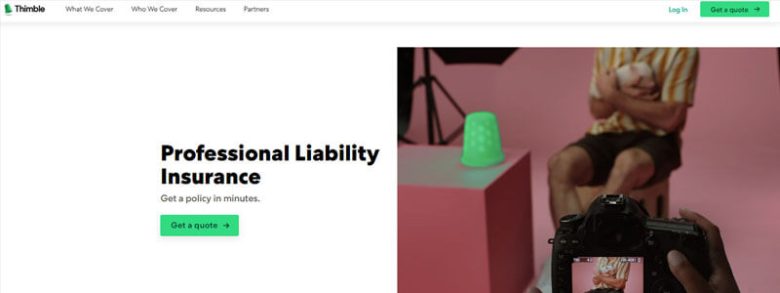 Thimble insurance - tycoonstory | tycoonstory media Person sitting on a chair with a camera setup, promoting professional liability insurance from thimble.