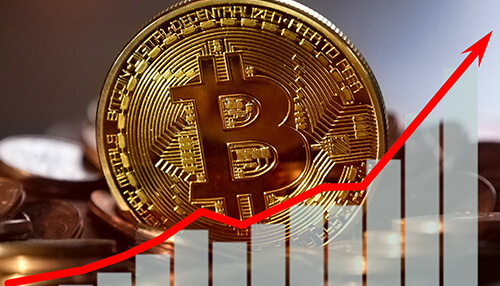 Types of bitcoin derivatives Golden bitcoin with upward stock market graph symbolizing strong growth in bitcoin futures and crypto investments.