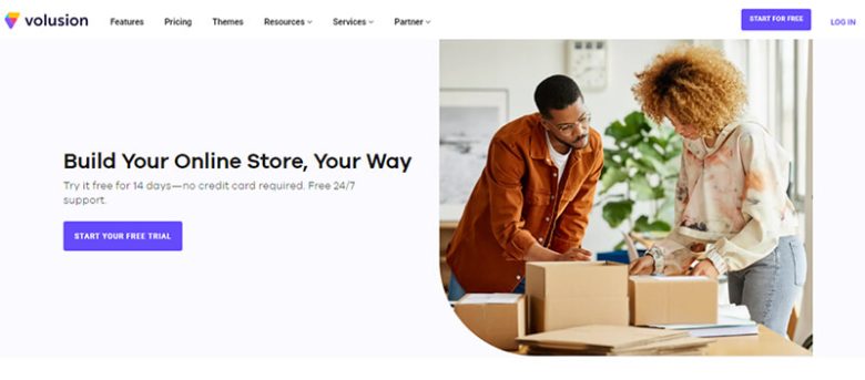 Volusion Volusion ecommerce website design offering a free trial for businesses to build their online store with personalized themes and 24/7 support