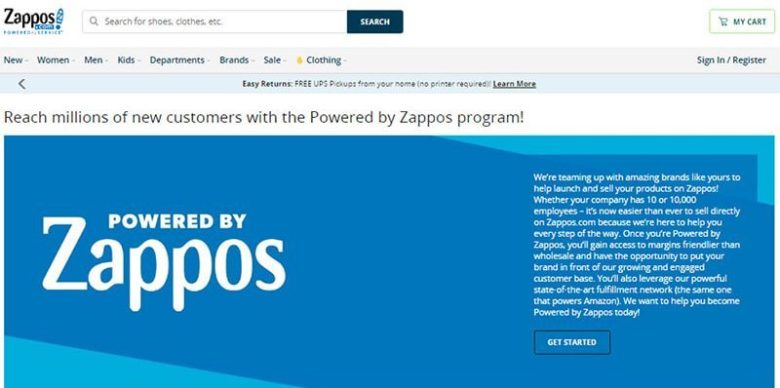 Zappos Zappos ecommerce website design showcasing the powered by zappos program for brands to reach new customers and grow their online presence