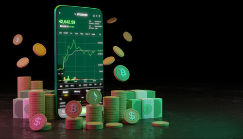 Invest in cryptocurrency | tycoonstory media Cryptocurrencies displayed through a digital trading screen surrounded by stacked crypto coins and glowing blockchain-themed elements.