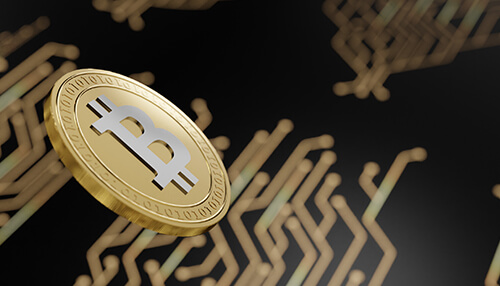 Blockchain and crypto Bitcoin coin floating over digital circuit background, representing cryptocurrencies and blockchain technology.