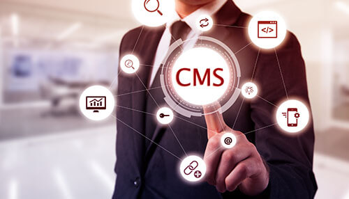 Website development A businessman pointing to a digital cms icon surrounded by web development symbols, including coding, search, and data analytics graphics.
