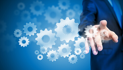 Home automation business Digital gears and automation concept with businessman — technology driving growth in the home automation business.