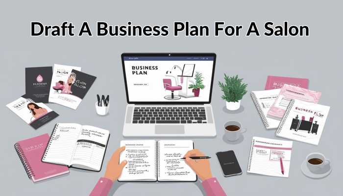 Draft a business plan for a salon An overhead view of a workspace with a laptop displaying a business plan for a beauty salon, surrounded by notebooks, pens, coffee cups, and other materials needed for drafting a business plan for opening a beauty salon.