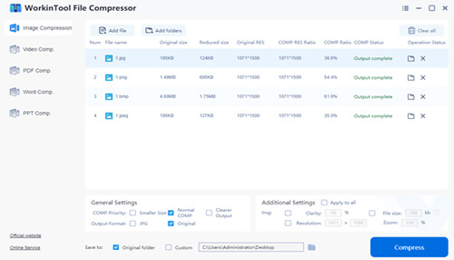Image compressor Workintool file compressor interface displaying multiple image files with original and reduced sizes, compression ratio, and output status.