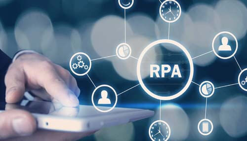 Implement rpa technology Hand using a smartphone with rpa technology icons, showing how automation integrates with digital security solutions.
