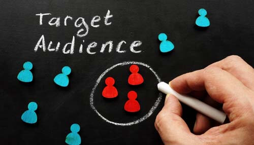 Reaching the right target audience - tycoonstory | tycoonstory media Illustration of identifying a target audience, a key strategy in using social media influencers for business growth, with red and blue figures drawn on a chalkboard.