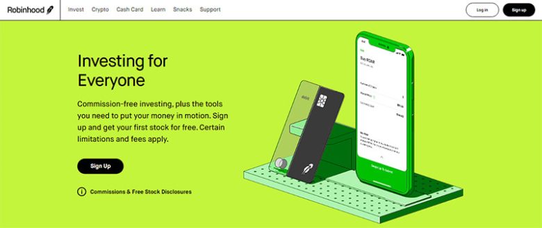 Robinhood Robinhood investing platform homepage showing commission-free trading features used in social trading communities.