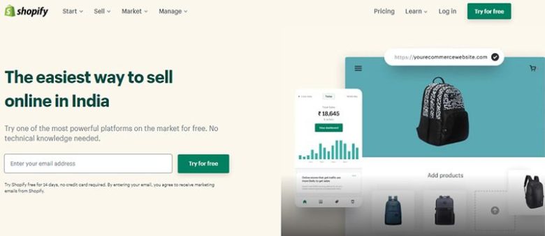Shopify Shopify homepage showing tools and features that help businesses sell products online in india, including website builder, dashboard stats, and product listings.