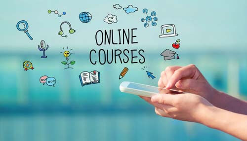 Start an online course business Tonline businesses education model displayed through online courses, mobile learning, and digital skill development icons