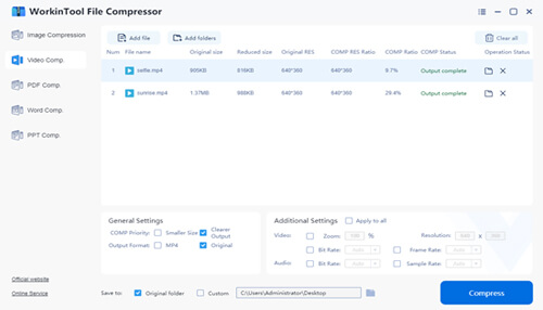 Video compressor Workintool file compressor interface showing video files with original size, reduced size, compression ratio, and output completion status.